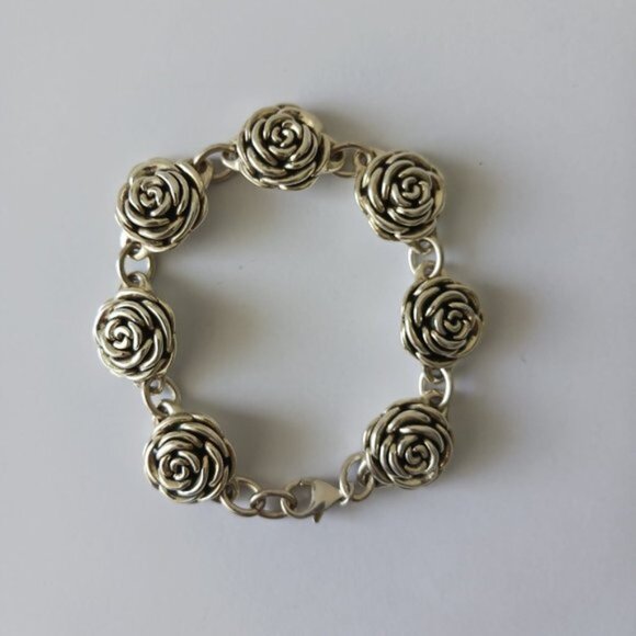Antiqued Rose Flower Sterling Silver 925 Electroform Floral Link Bracelet - Picture 15 of 15